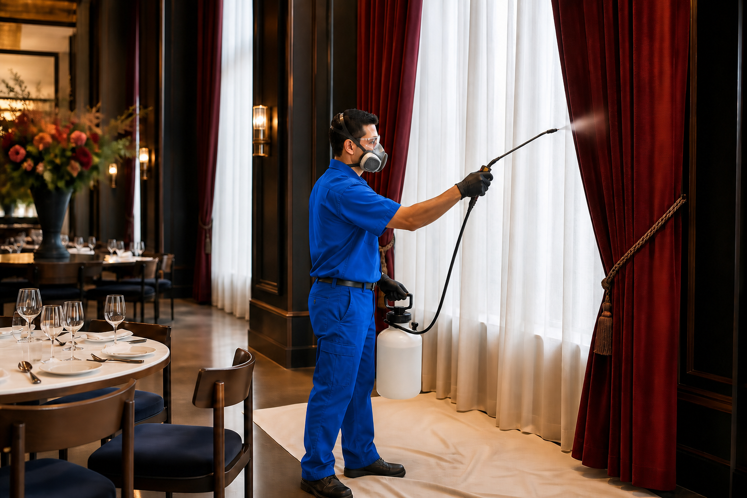 Flameproofing technician treating installed drapery in a finished business