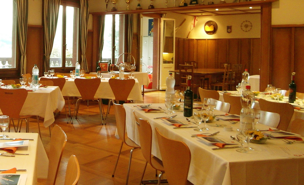 Dining and event space with curtains and decorative materials