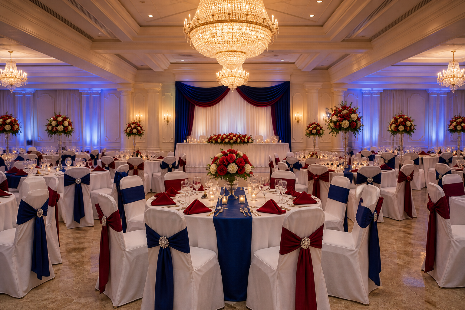 Elegant wedding hall with white-covered tables and chairs accented in blue and deep red